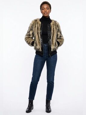 Vertigo Paris Faux Fur Bomber Jacket – Tan & Black – Size Large